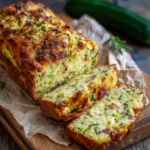 Cake moelleux à la courgette tranché sur une planche en bois