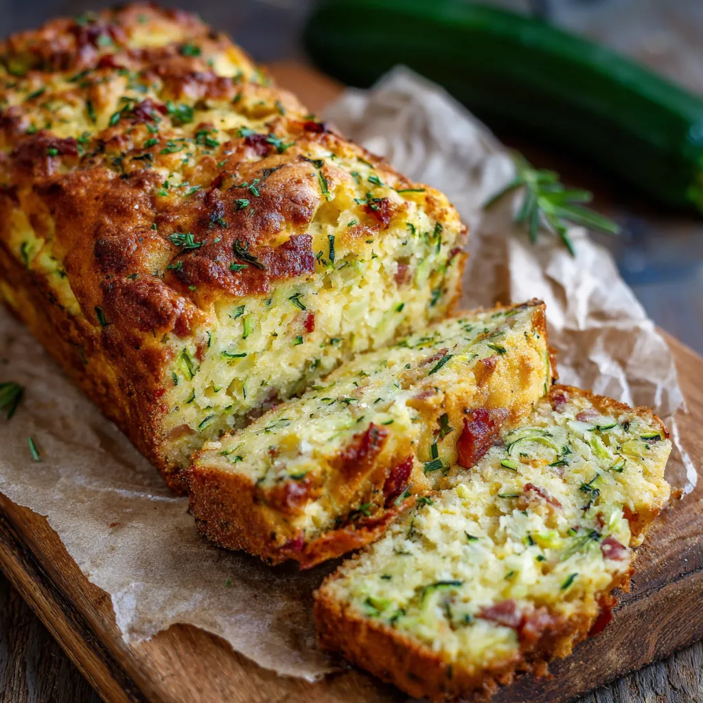 Cake moelleux à la courgette tranché sur une planche en bois