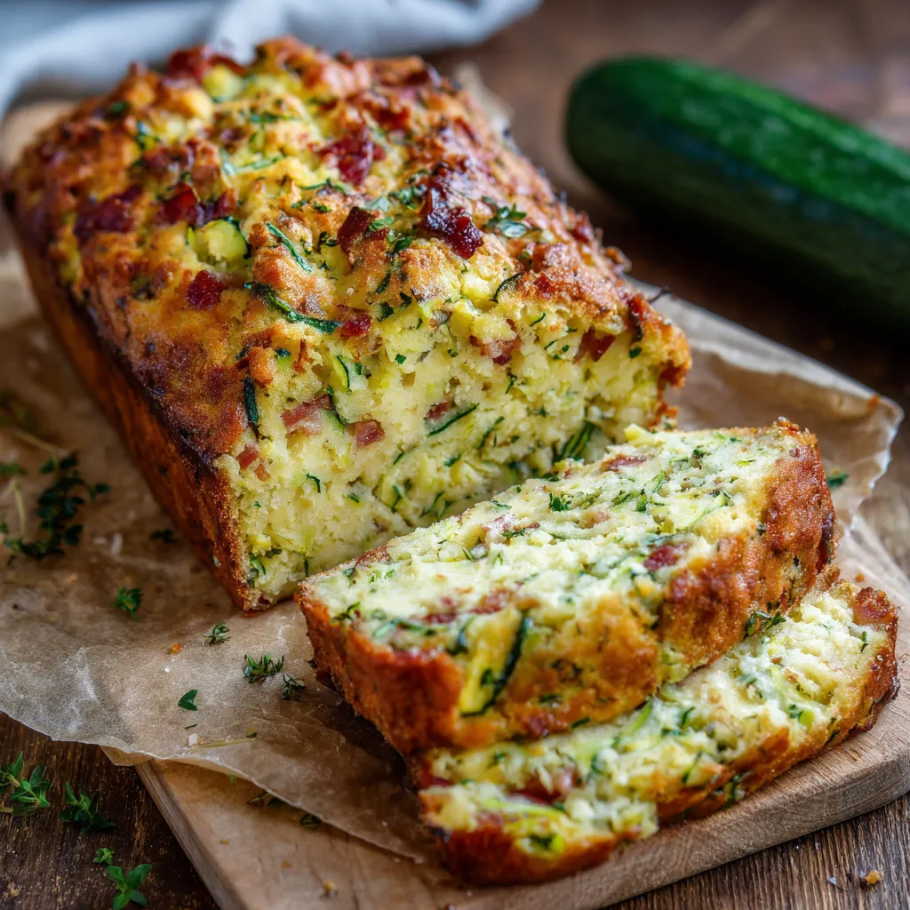 Cake moelleux à la courgette tranché sur une planche en bois
