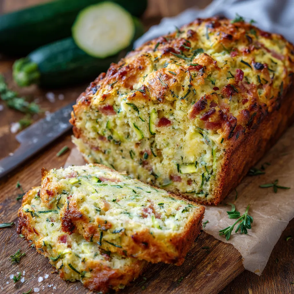 Cake moelleux à la courgette tranché sur une planche en bois
