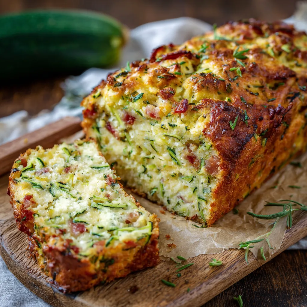 Cake moelleux à la courgette tranché sur une planche en bois