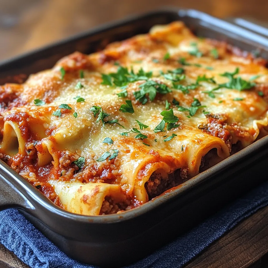 Cannellonis à la sicilienne gratinés dans un plat en céramique, sauce tomate maison et fromage doré