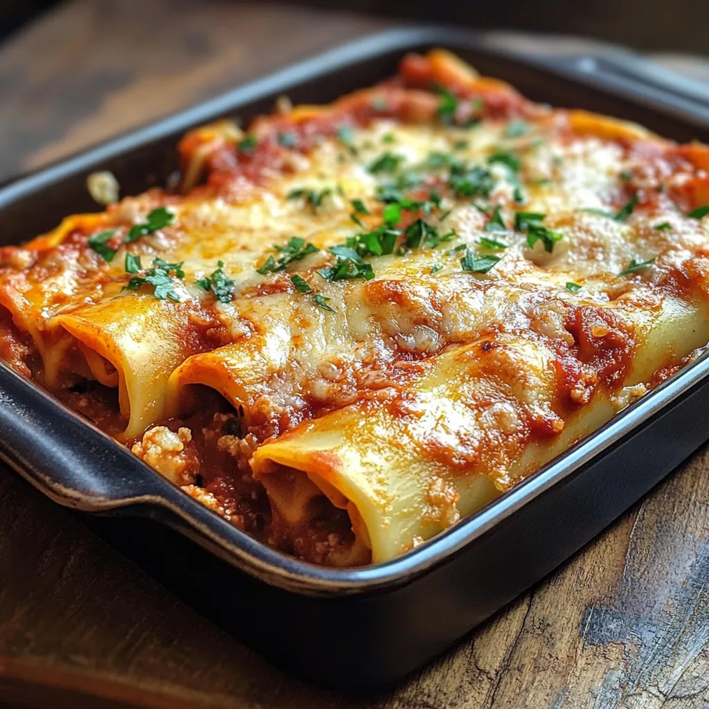 Cannellonis à la sicilienne gratinés dans un plat en céramique, sauce tomate maison et fromage doré