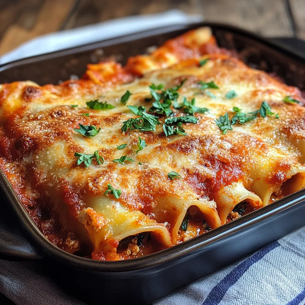 Cannellonis à la sicilienne gratinés dans un plat en céramique, sauce tomate maison et fromage doré