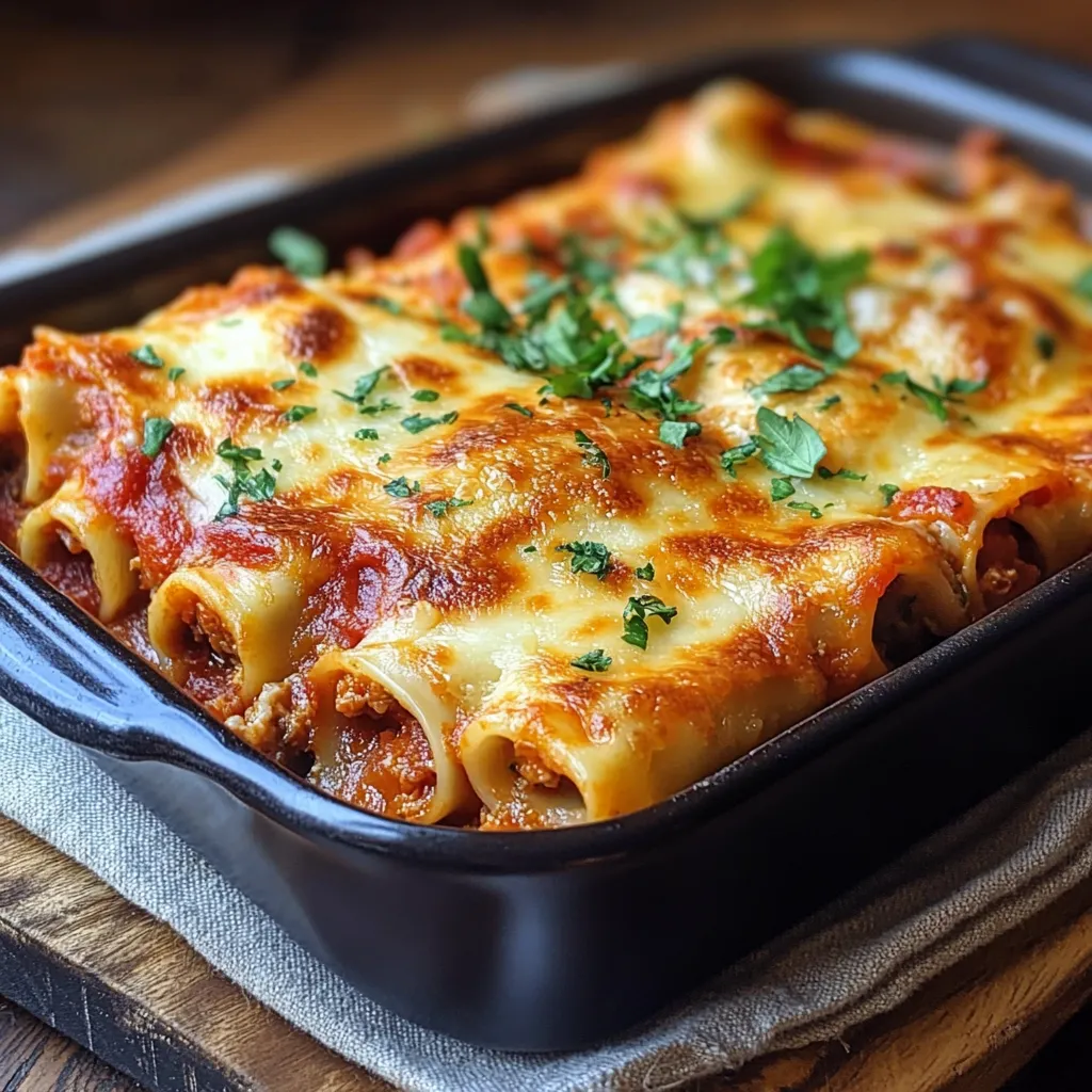 Cannellonis à la sicilienne gratinés dans un plat en céramique, sauce tomate maison et fromage doré