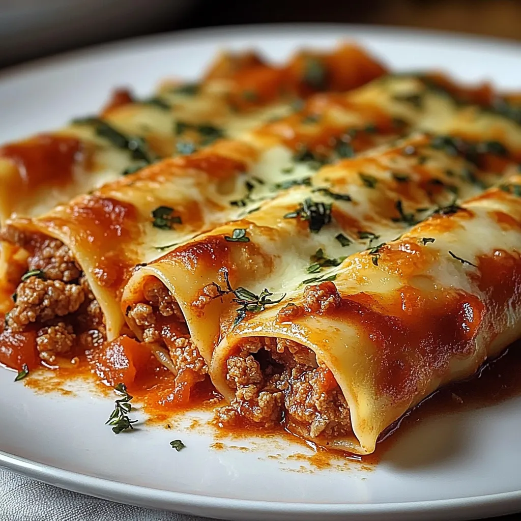 Cannellonis gratinés à la viande hachée dans un plat à gratin, nappés de sauce tomate et fromage fondu.
