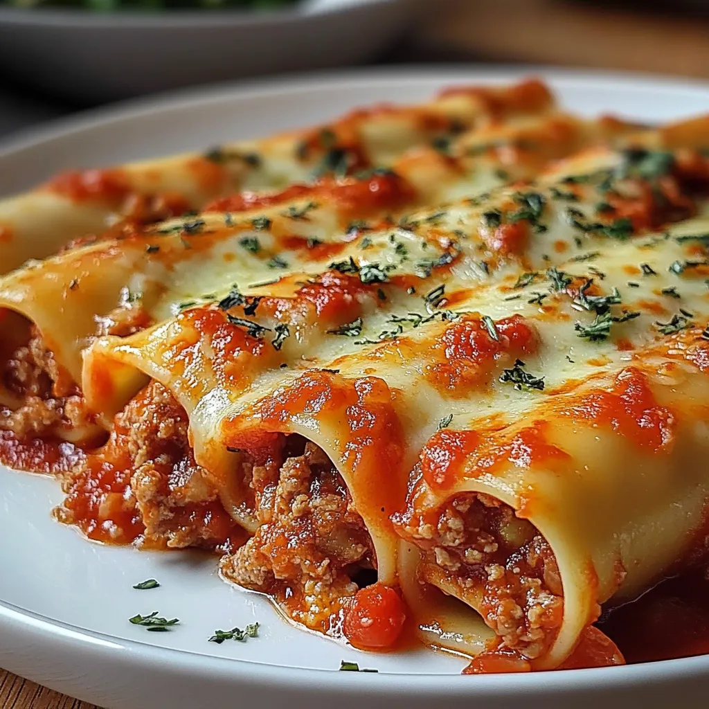 Cannellonis gratinés à la viande hachée dans un plat à gratin, nappés de sauce tomate et fromage fondu.