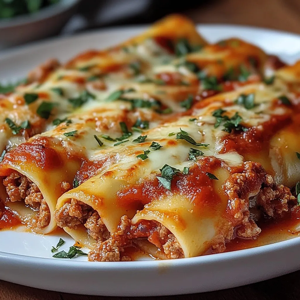 Cannellonis gratinés à la viande hachée dans un plat à gratin, nappés de sauce tomate et fromage fondu.