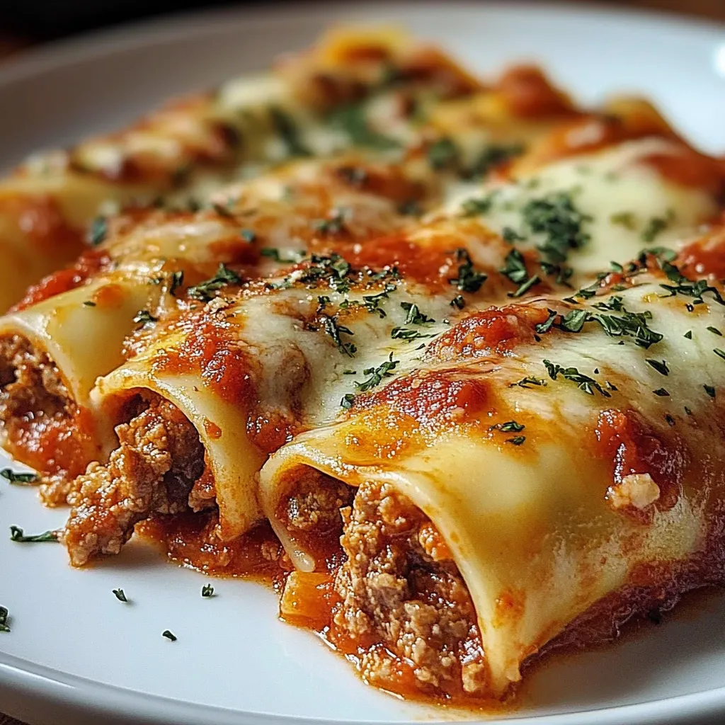 Cannellonis gratinés à la viande hachée dans un plat à gratin, nappés de sauce tomate et fromage fondu.
