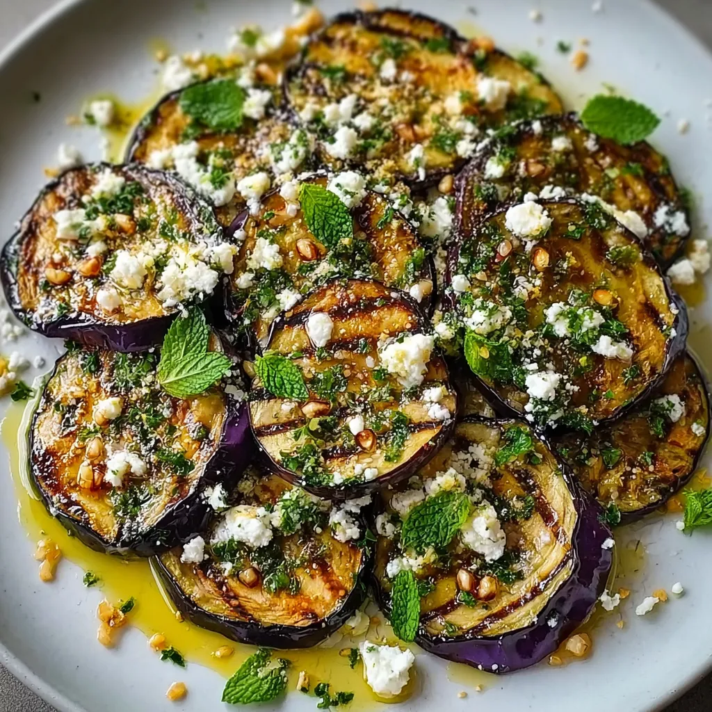 Carpaccio d’aubergines grillées dressé avec feta, menthe fraîche et zeste de citron sur assiette blanche