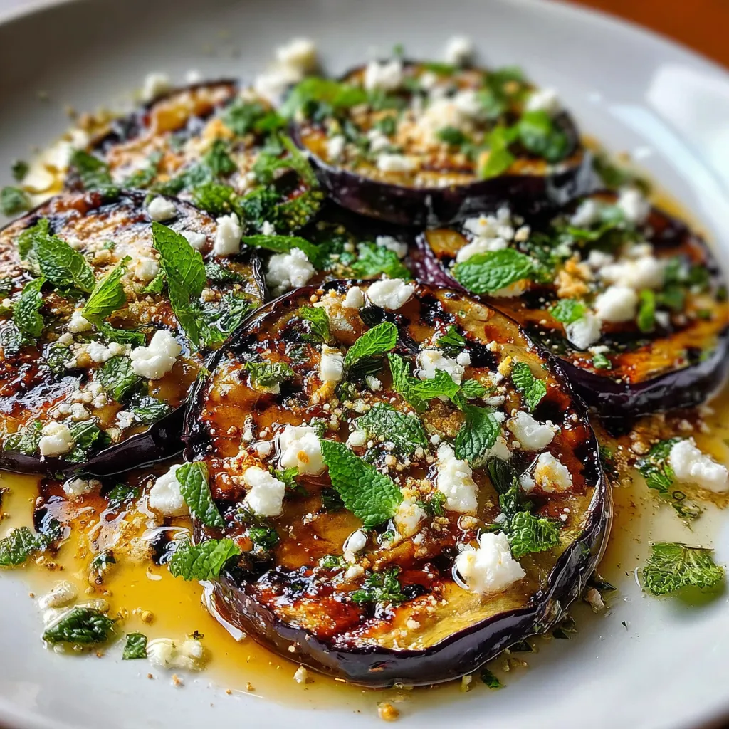 Carpaccio d’aubergines grillées dressé avec feta, menthe fraîche et zeste de citron sur assiette blanche