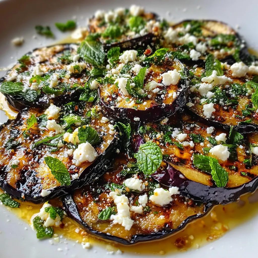Carpaccio d’aubergines grillées dressé avec feta, menthe fraîche et zeste de citron sur assiette blanche