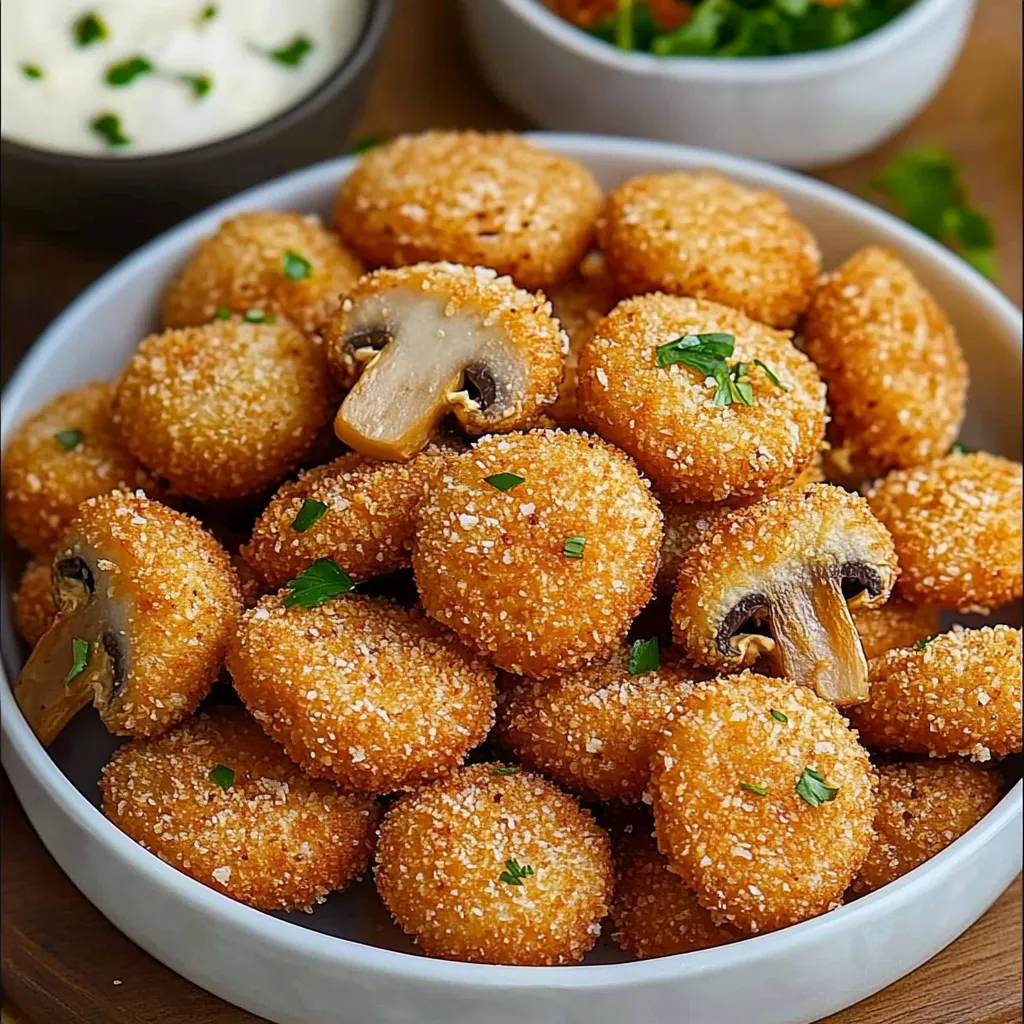 Champignons panés croustillants dorés sur une assiette en bois avec sauce à tremper