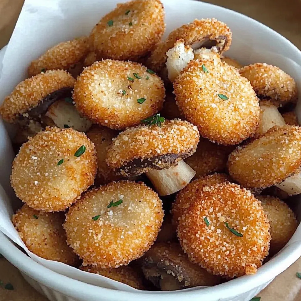 Champignons panés croustillants dorés sur une assiette en bois avec sauce à tremper