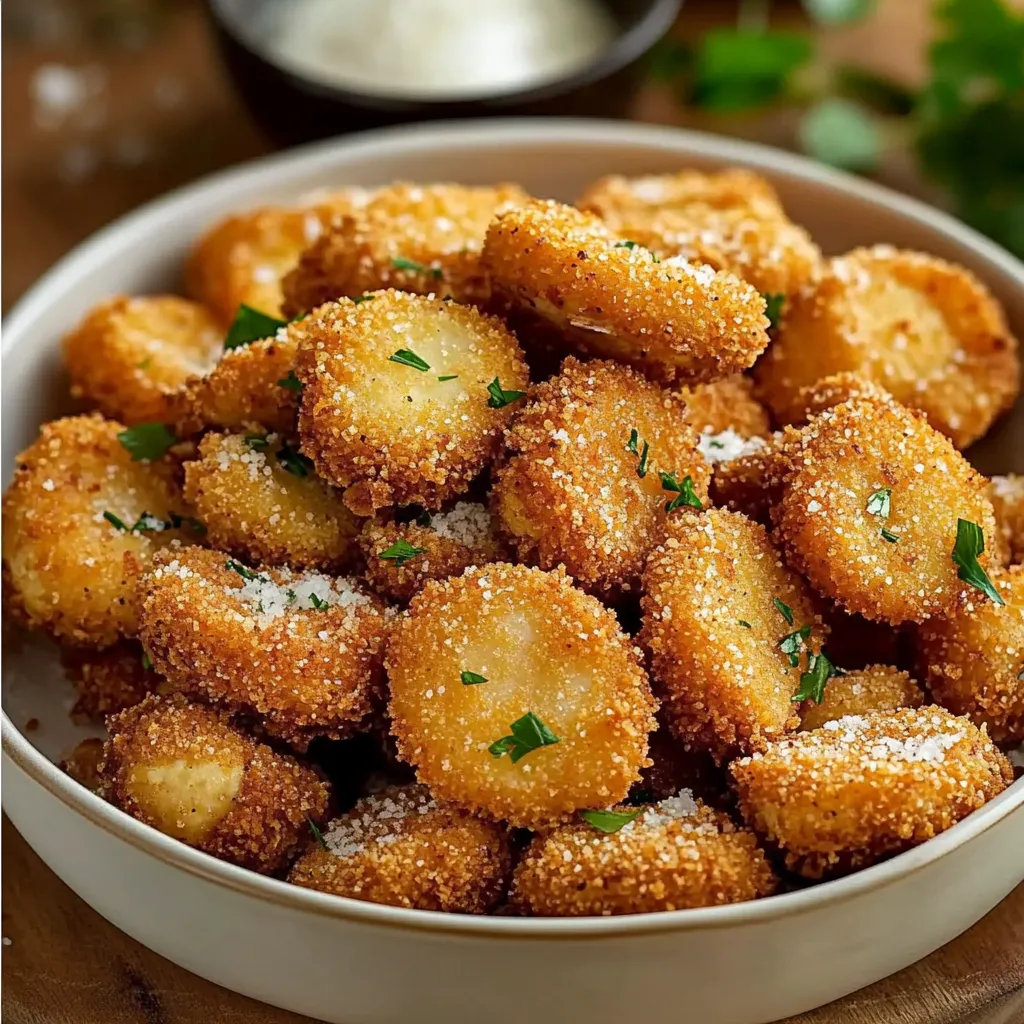 Champignons panés croustillants dorés sur une assiette en bois avec sauce à tremper