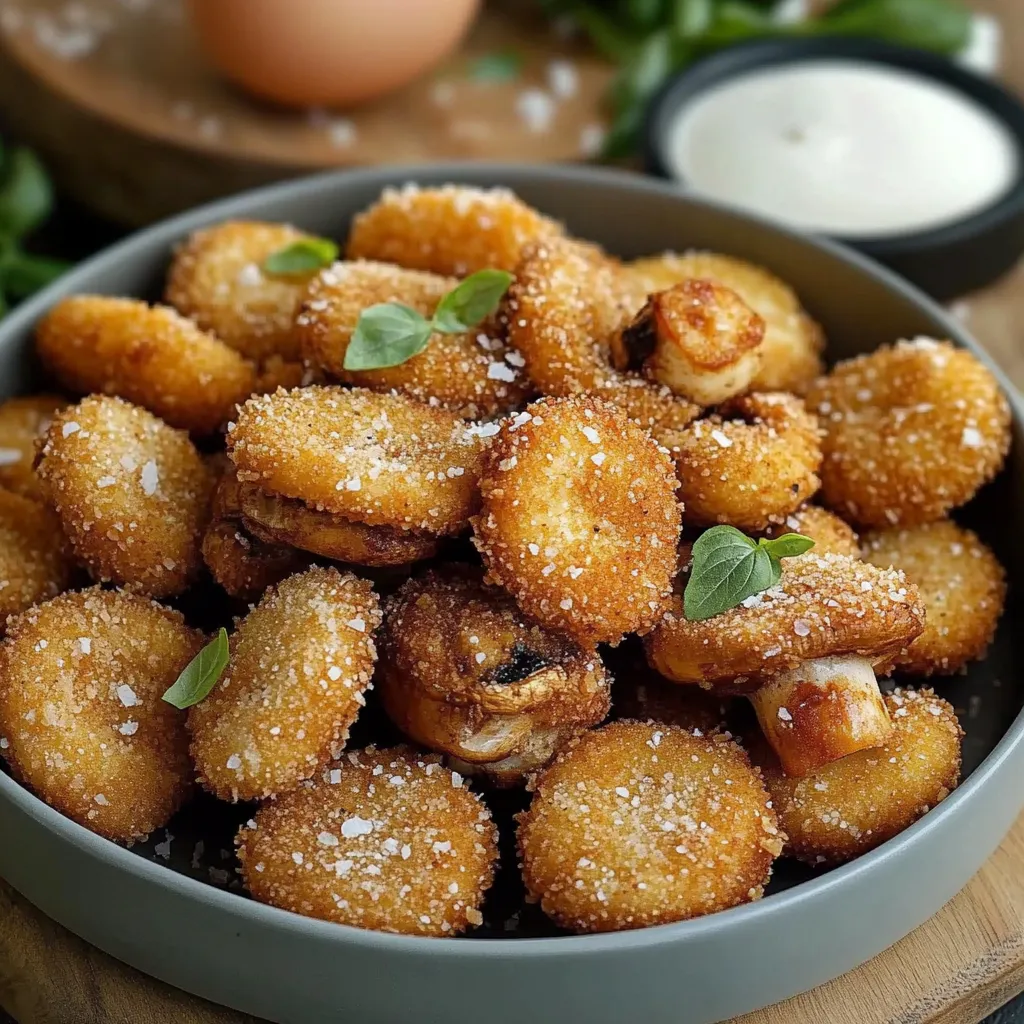 Champignons panés croustillants dorés sur une assiette en bois avec sauce à tremper