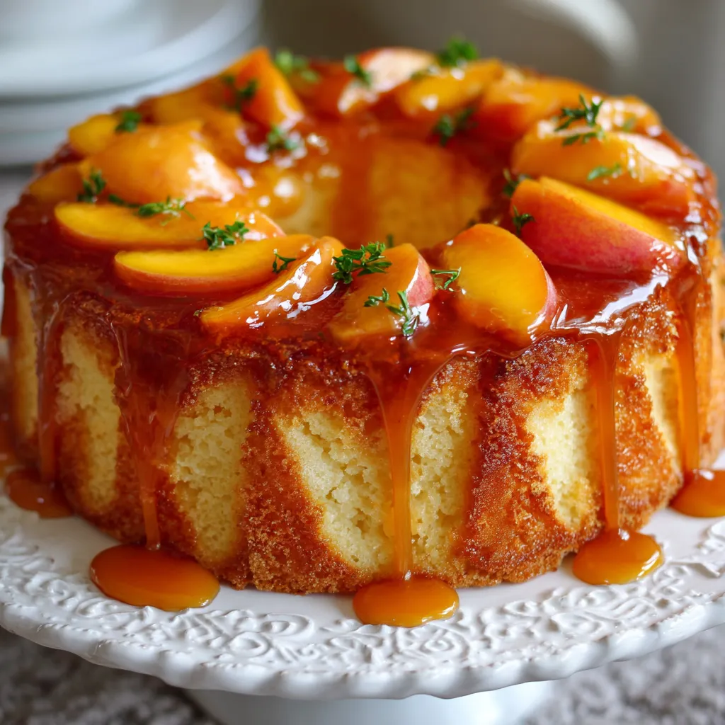 Charlotte à la pêche vanillée sans alcool sur assiette blanche, avec biscuits à la cuillère et morceaux de fruits visibles.