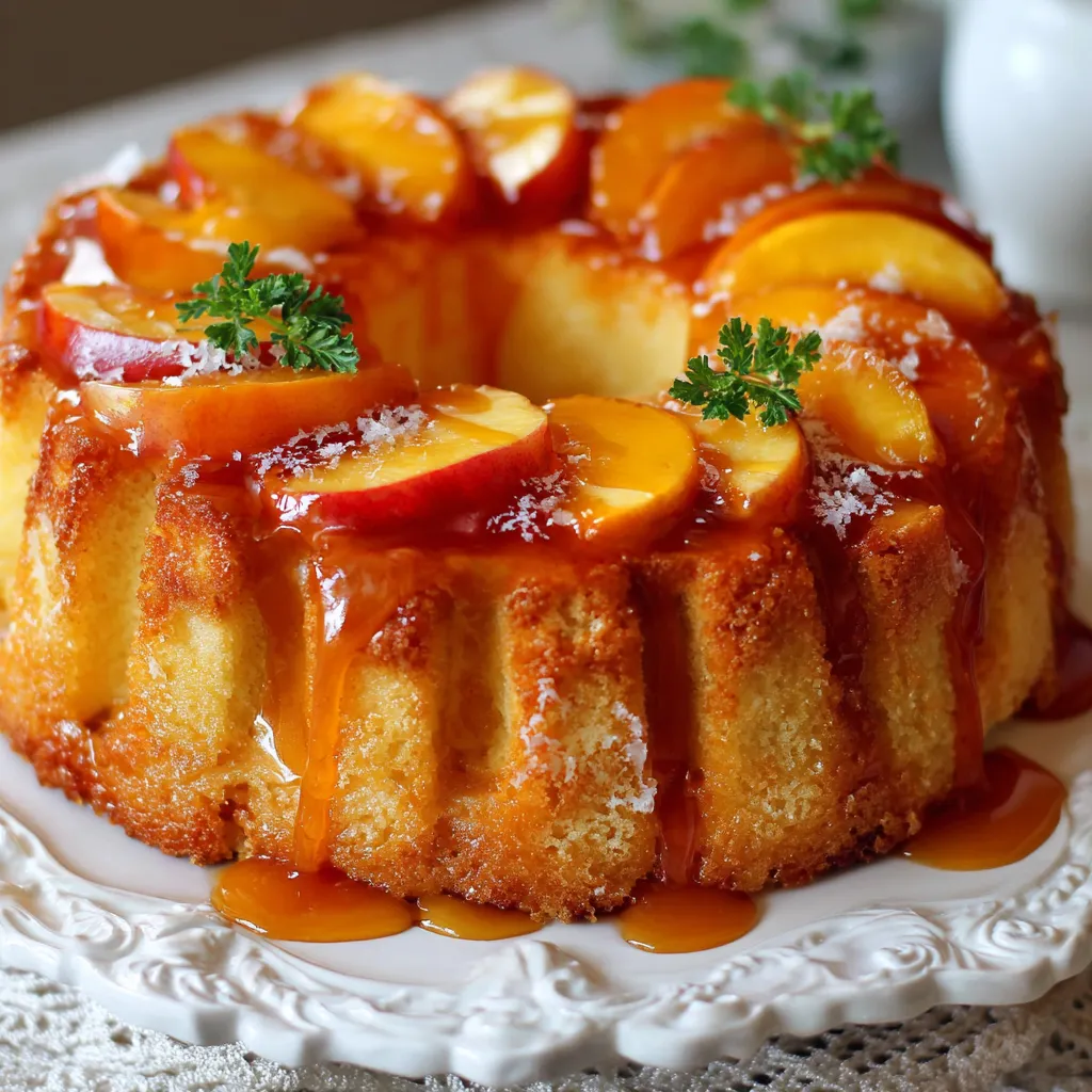 Charlotte à la pêche vanillée sans alcool sur assiette blanche, avec biscuits à la cuillère et morceaux de fruits visibles.