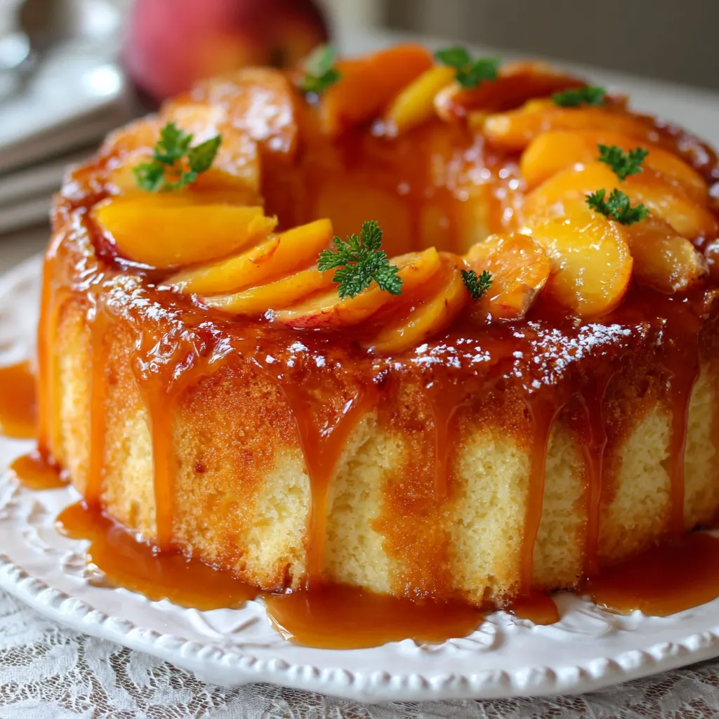Charlotte à la pêche vanillée sans alcool sur assiette blanche, avec biscuits à la cuillère et morceaux de fruits visibles.