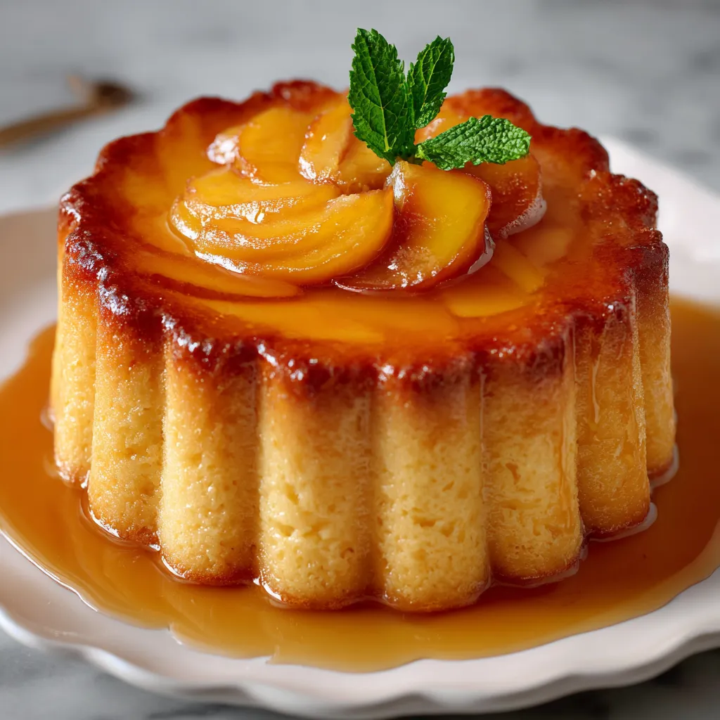 Charlotte flan à la pêche maison avec biscuits à la cuillère et morceaux de pêches