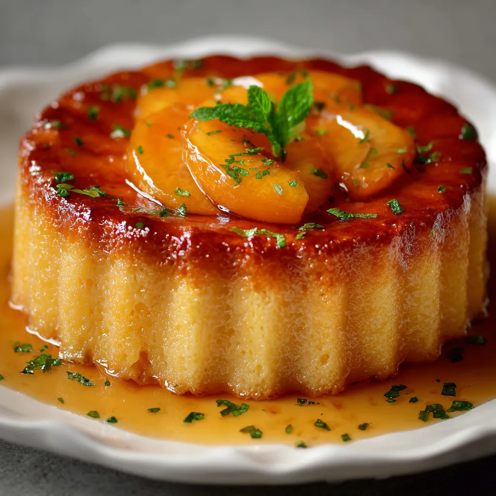 Charlotte flan à la pêche maison avec biscuits à la cuillère et morceaux de pêches