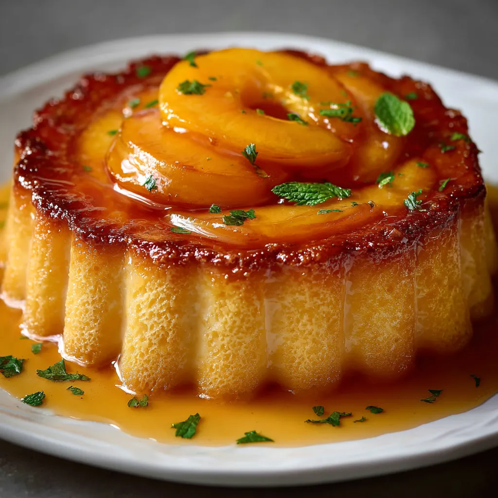 Charlotte flan à la pêche maison avec biscuits à la cuillère et morceaux de pêches
