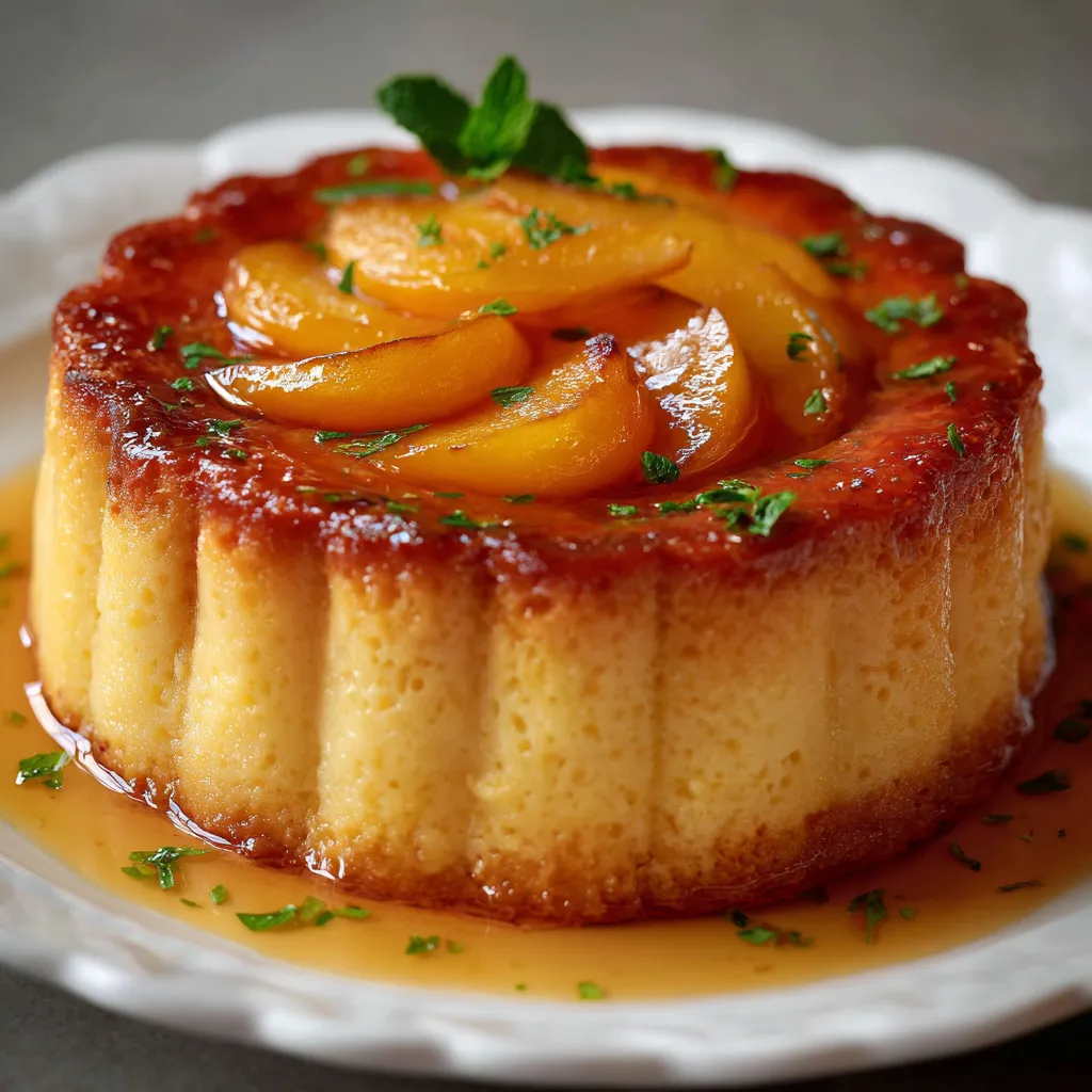 Charlotte flan à la pêche maison avec biscuits à la cuillère et morceaux de pêches