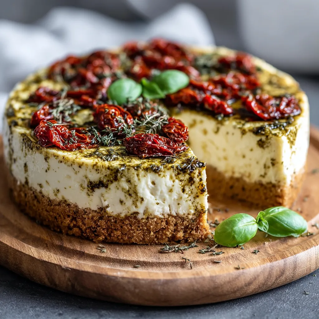 Cheesecake salé à la mozzarella, tomates confites et pesto de basilic présenté sur une assiette d'été
