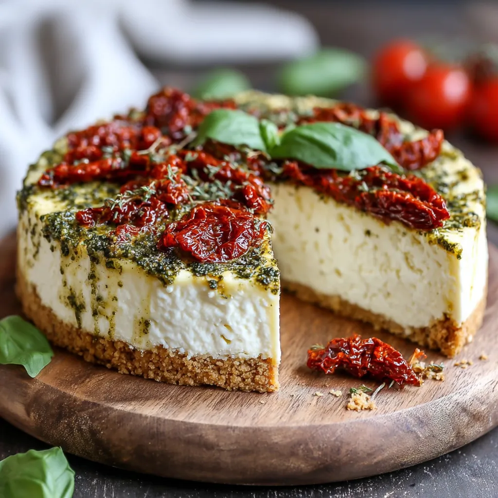 Cheesecake salé à la mozzarella, tomates confites et pesto de basilic présenté sur une assiette d'été