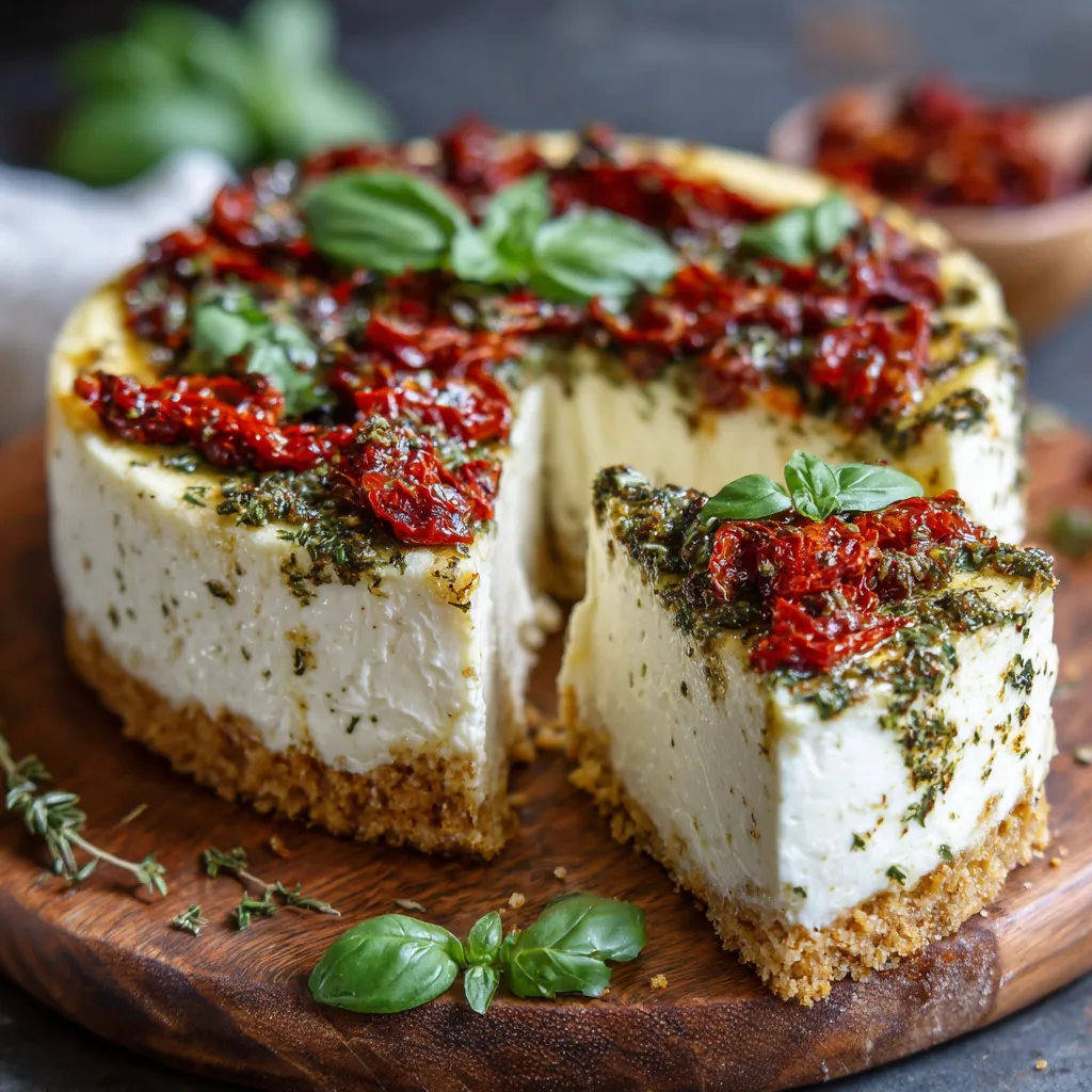 Cheesecake salé à la mozzarella, tomates confites et pesto de basilic présenté sur une assiette d'été