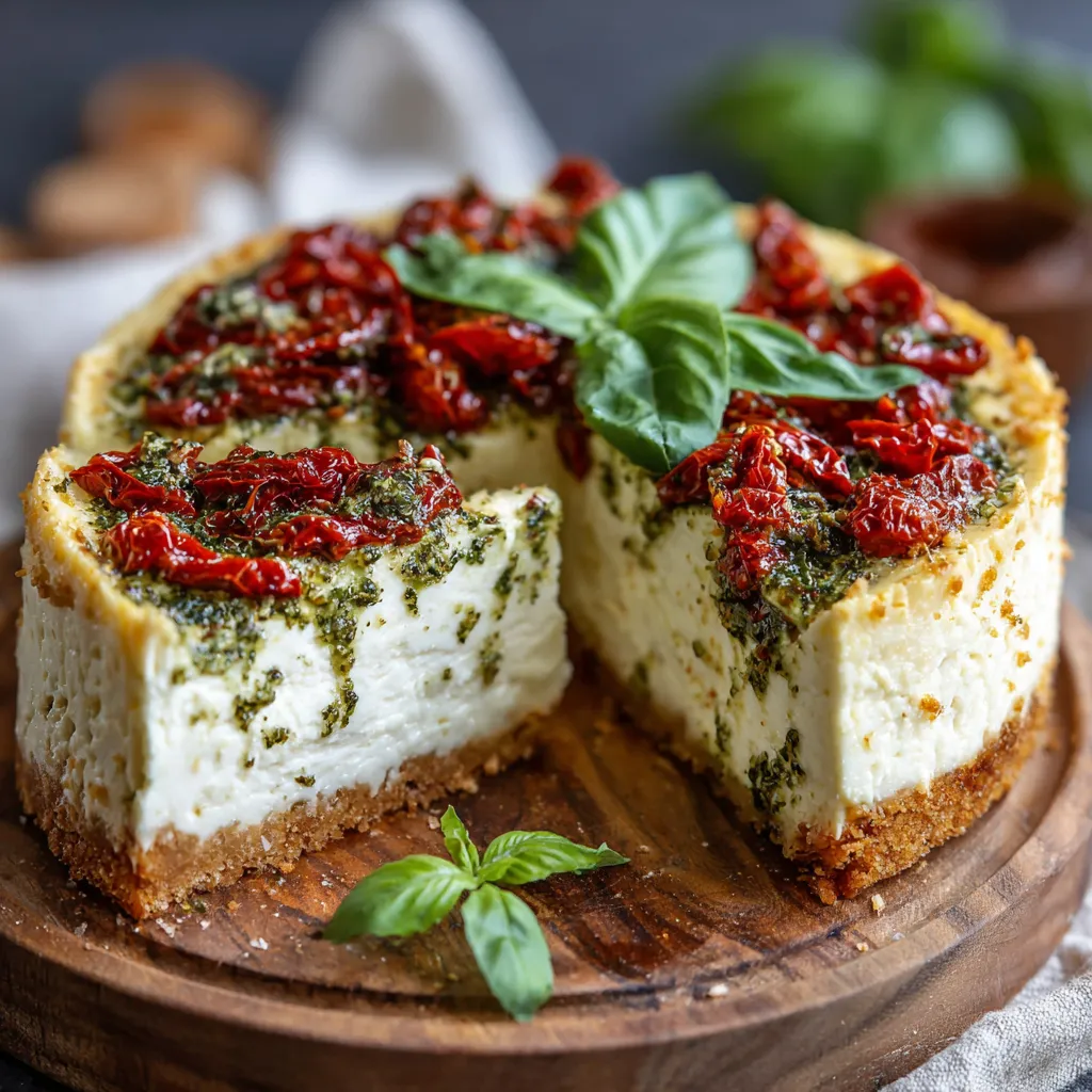 Cheesecake salé à la mozzarella, tomates confites et pesto de basilic présenté sur une assiette d'été
