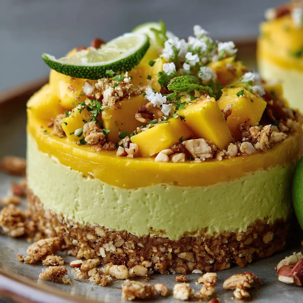 Mini cheesecake salé avocat mangue et citron vert en verrine, décoré de zestes et noisettes