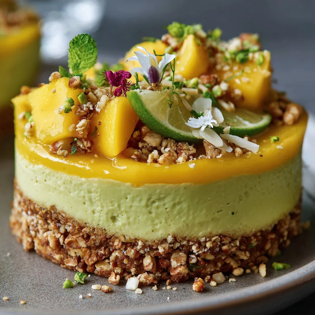 Mini cheesecake salé avocat mangue et citron vert en verrine, décoré de zestes et noisettes