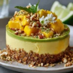 Mini cheesecake salé avocat mangue et citron vert en verrine, décoré de zestes et noisettes
