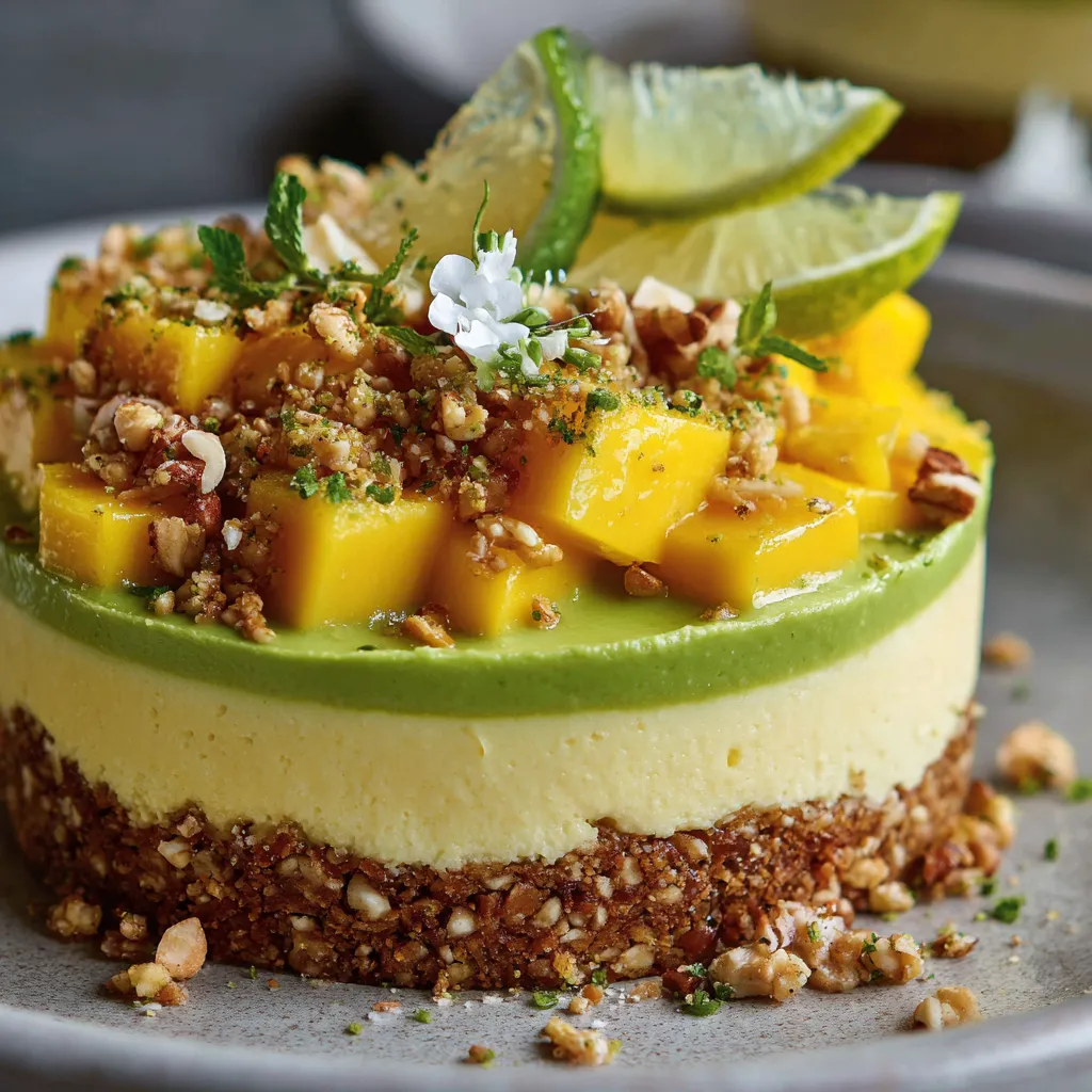 Mini cheesecake salé avocat mangue et citron vert en verrine, décoré de zestes et noisettes