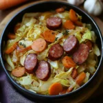 Plat mijoté de chou vert aux saucisses fumées de bœuf servi chaud dans une cocotte rustique