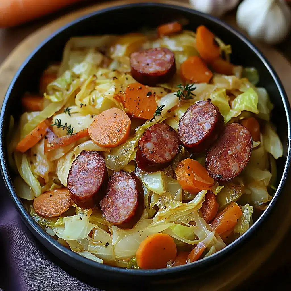 Plat mijoté de chou vert aux saucisses fumées de bœuf servi chaud dans une cocotte rustique