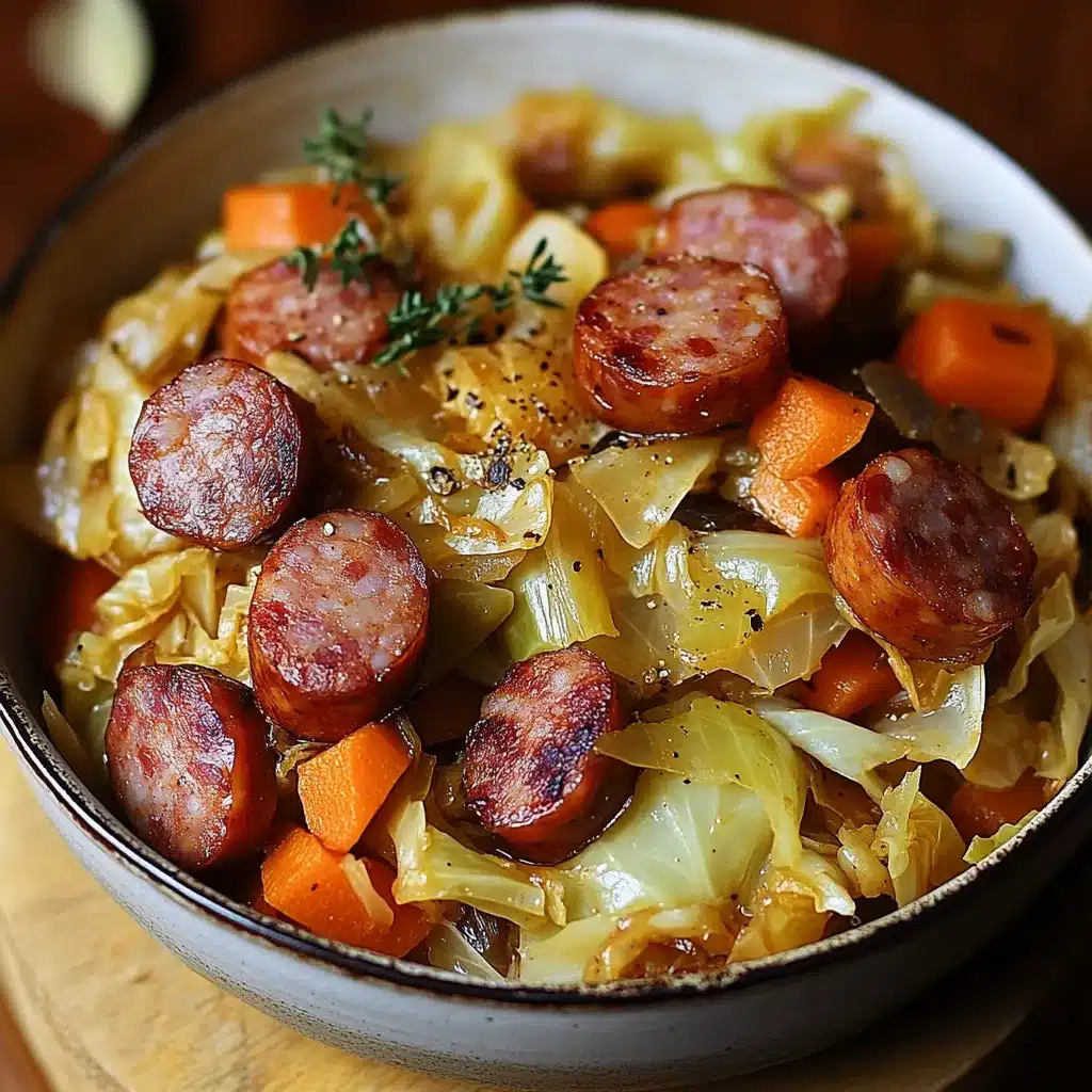 Plat mijoté de chou vert aux saucisses fumées de bœuf servi chaud dans une cocotte rustique