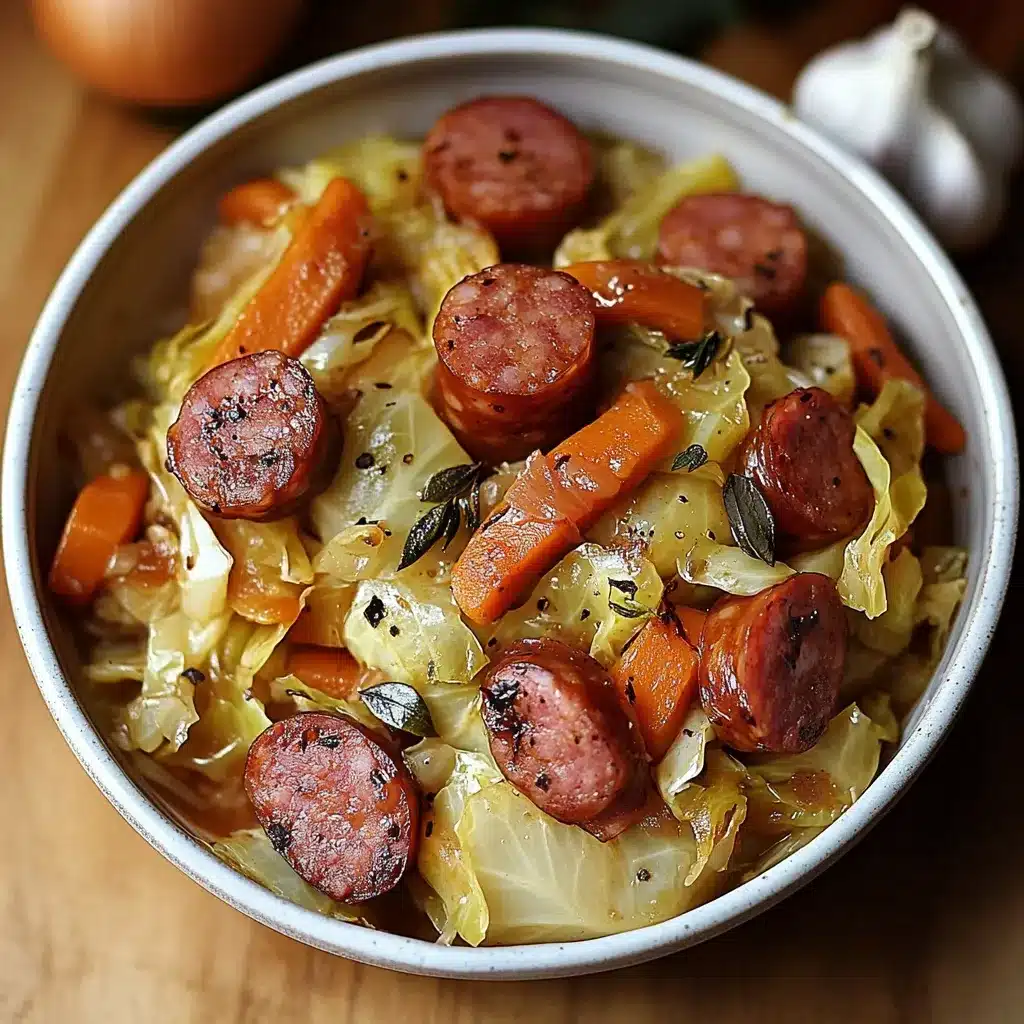 Plat mijoté de chou vert aux saucisses fumées de bœuf servi chaud dans une cocotte rustique