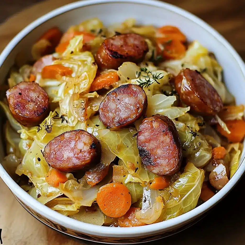 Plat mijoté de chou vert aux saucisses fumées de bœuf servi chaud dans une cocotte rustique