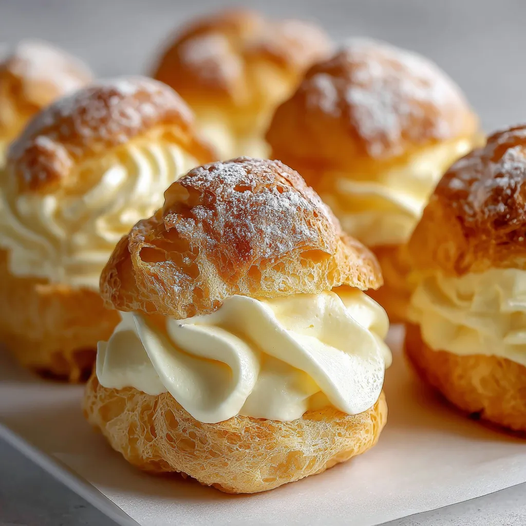 Choux dorés et croustillants garnis de crème pâtissière à la vanille, présentés sur une grille de refroidissement