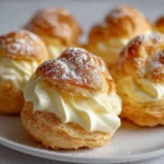 Choux dorés et croustillants garnis de crème pâtissière à la vanille, présentés sur une grille de refroidissement