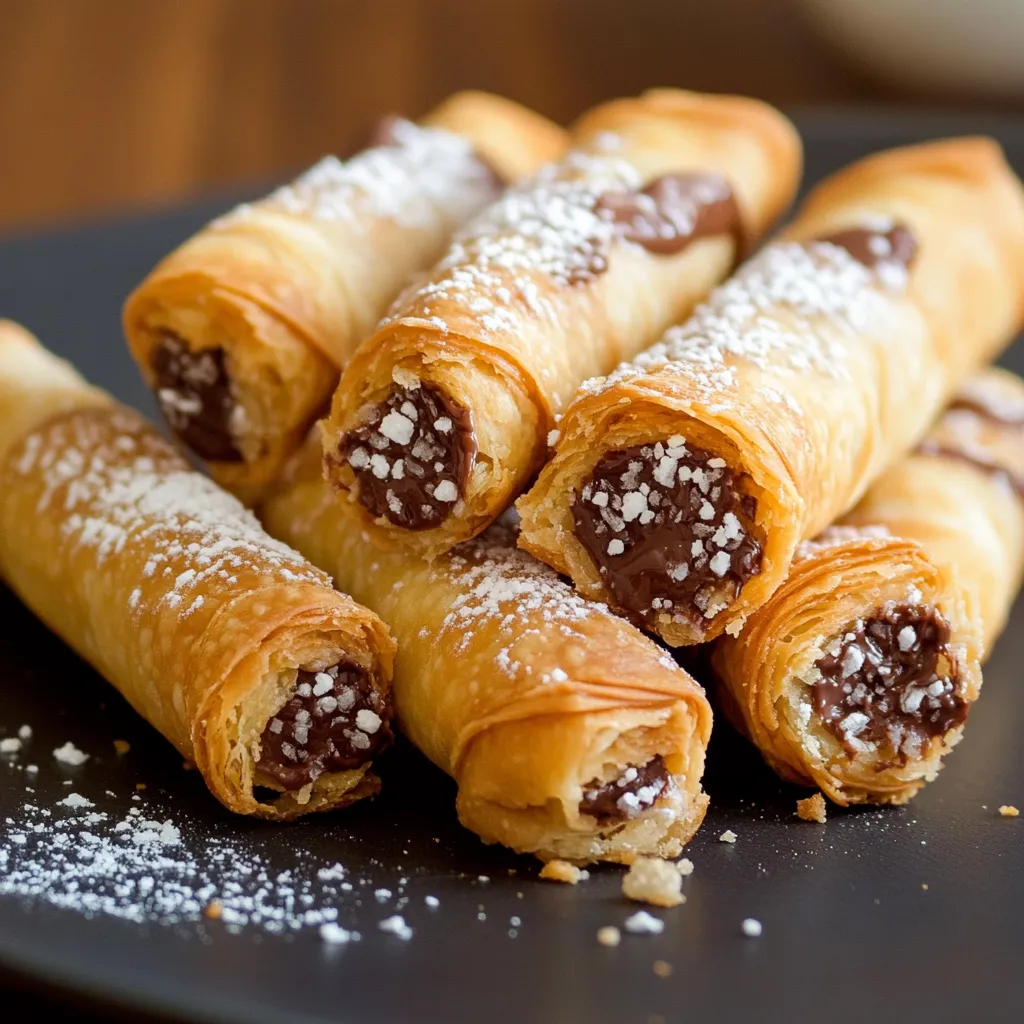 Cigares croustillants dorés au Nutella sur une plaque de cuisson