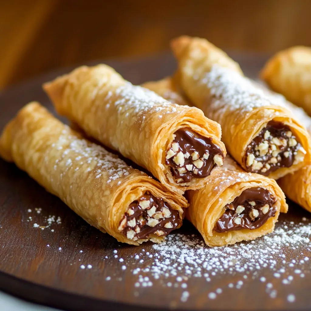 Cigares croustillants dorés au Nutella sur une plaque de cuisson