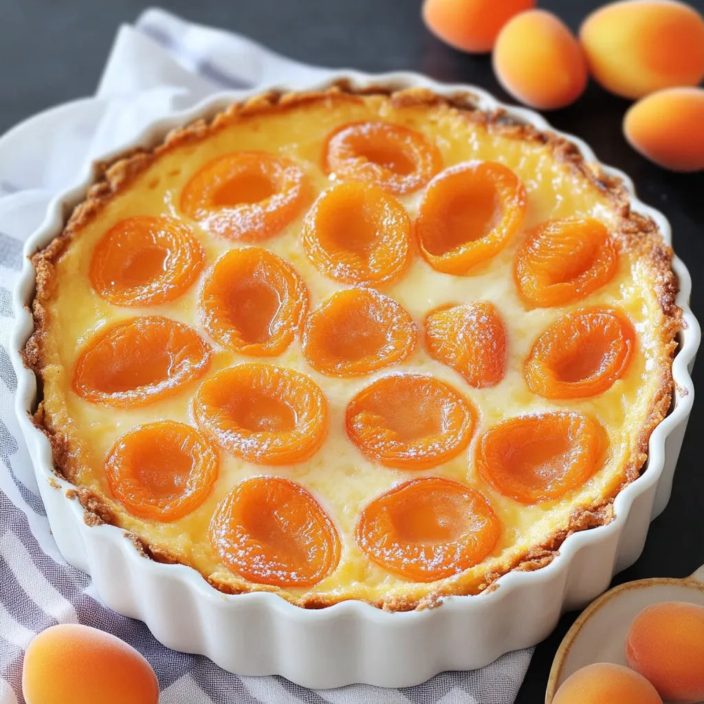 Clafoutis aux abricots doré dans un plat à gratin