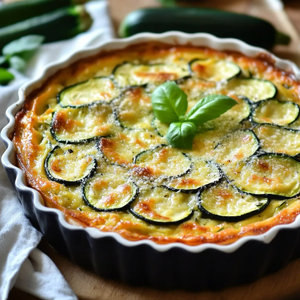 Clafoutis salé aux courgettes et parmesan dans un plat à gratin doré au four
