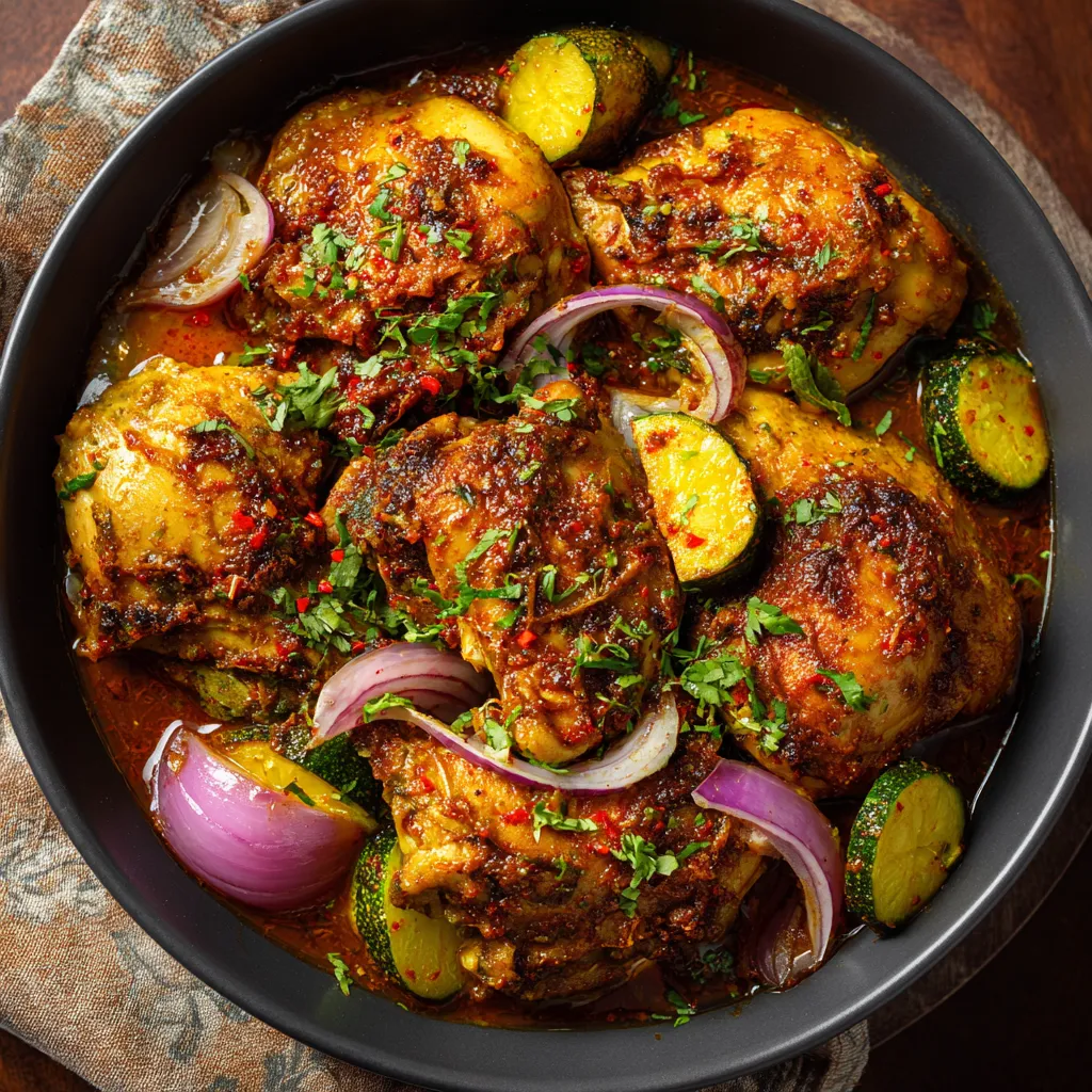 Colombo de poulet mijoté aux épices antillaises dans une cocotte en fonte