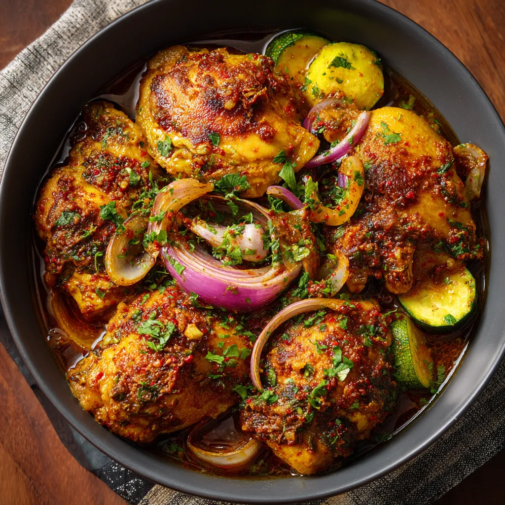Colombo de poulet mijoté aux épices antillaises dans une cocotte en fonte
