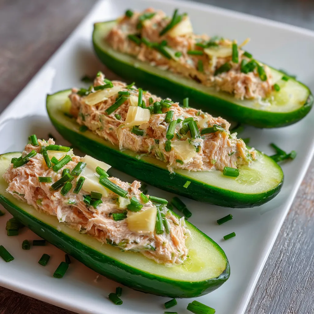 Concombres farcis au thon présentés sur un plat, garnis d’herbes fraîches et de paprika, servis bien frais
