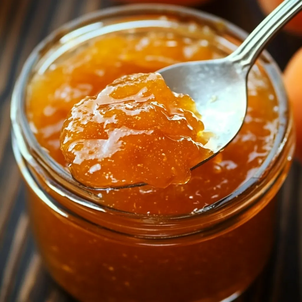Confiture d’abricots sans sucre servie dans un pot en verre sur une table en bois avec une cuillère.
